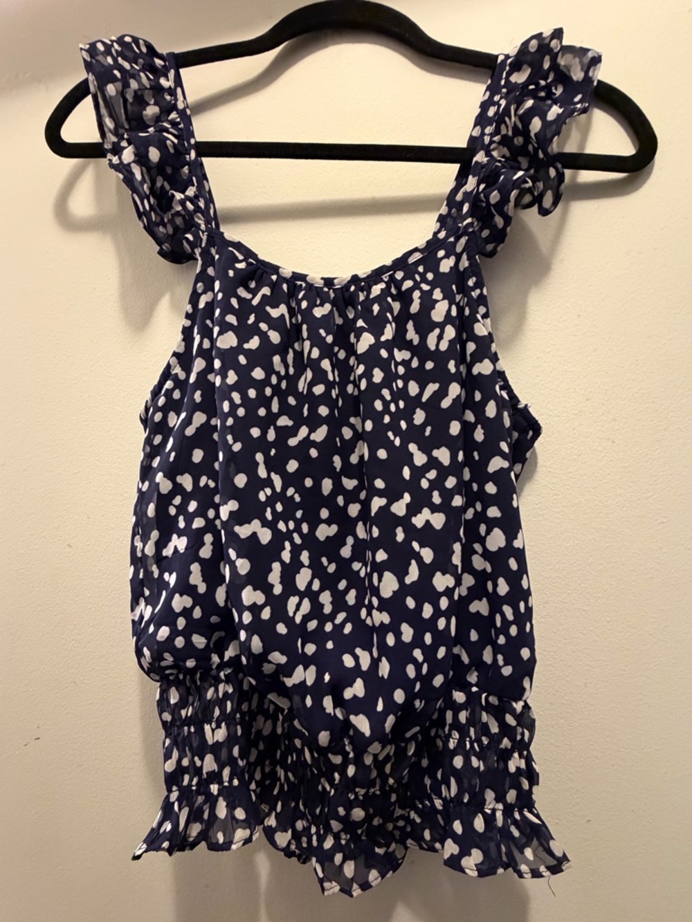 Aqua Navy / White Printed Top with Ruffle Trim